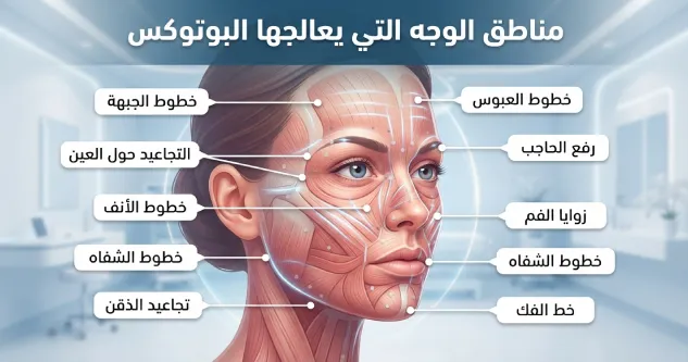 ما مناطق الوجه التي يعالجهابوتكس الوجه قبل وبعد  البوتوكس؟ :